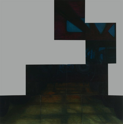 Unterm LKW auf der Peute, 90 x 90 cm, Oel auf HDF-Platten, 2012